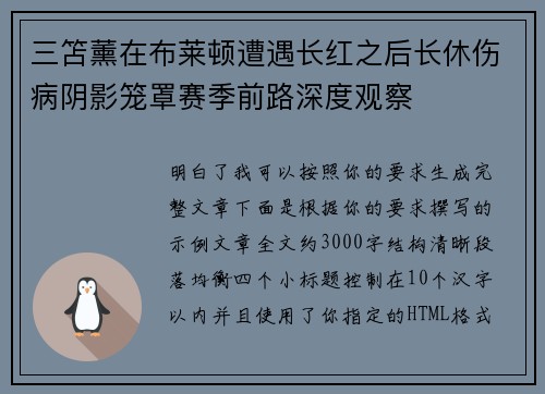 三笘薰在布莱顿遭遇长红之后长休伤病阴影笼罩赛季前路深度观察